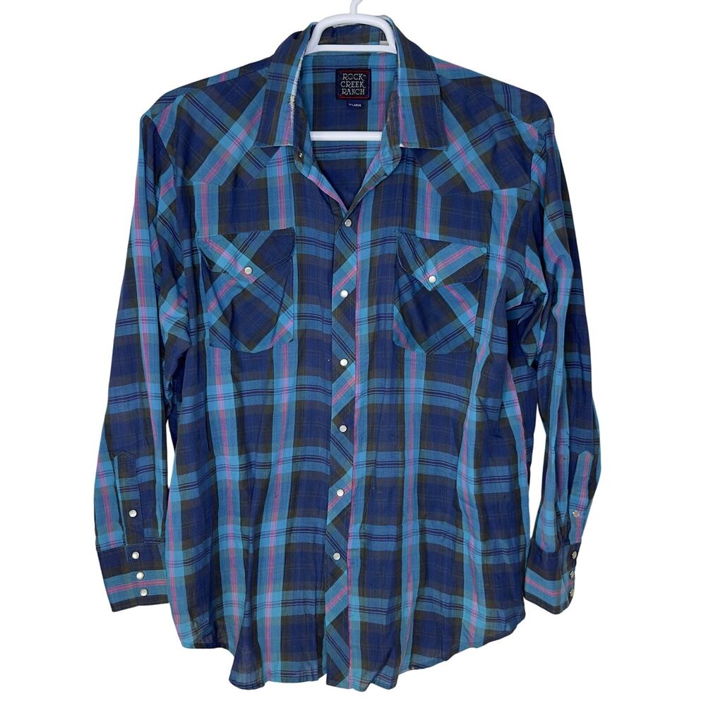 Vintage Rock Creek Ranch Mens XL Pearl Snap Blue Plaid Western Cowboy Distressed